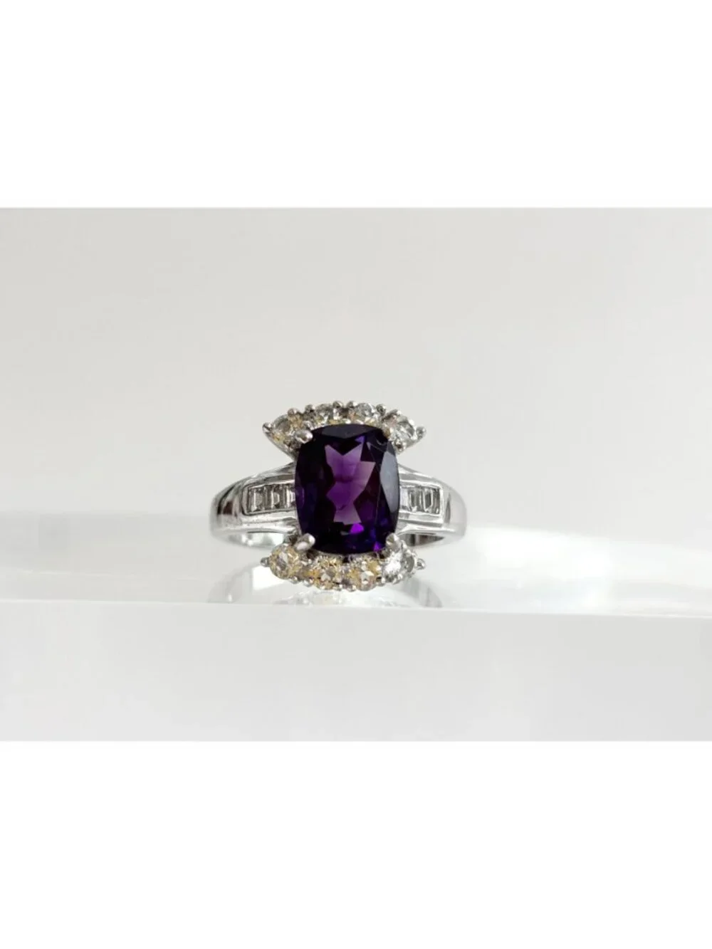 Amethyst Gemstone & CZ Framed Sterling Silver Cocktail 925 Vintage Ring sz 7.75